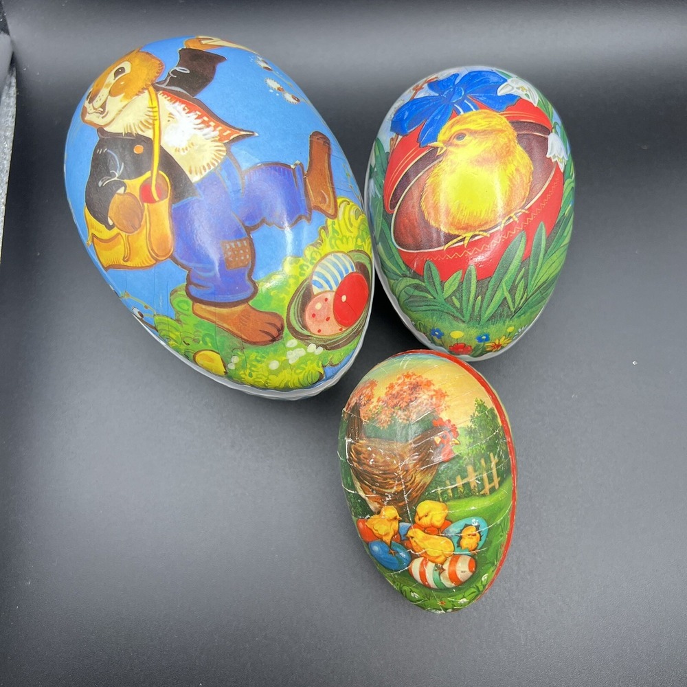Set of 3 Paper Mache Easter Eggs Nesting Bunny  Rabbit Hen Chick Kitschy GERMANY